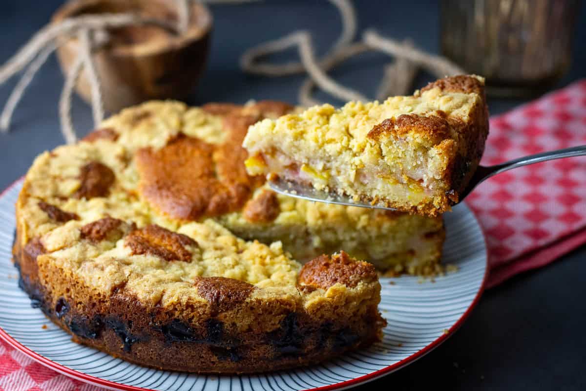 Sourdough discard cake with plums being cut with a slice hovering above the rest of the cake.