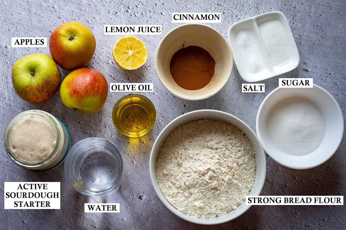 Ingredients for Sourdough Focaccia with Apples, except for icing ingredients.