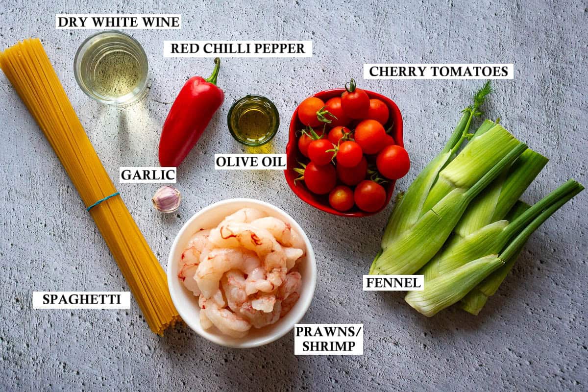 Ingredients for prawn and fennel pasta.