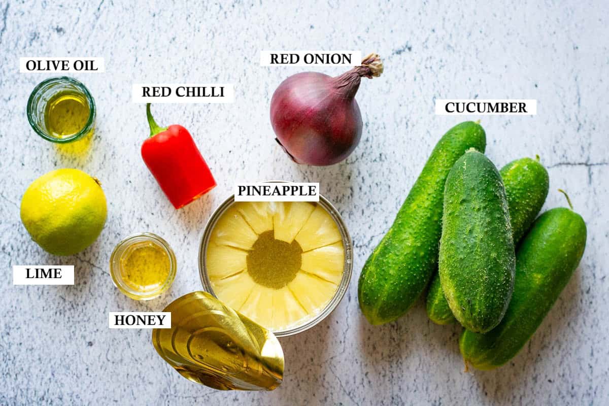 Ingredients for fresh cucumber and pineapple salad.