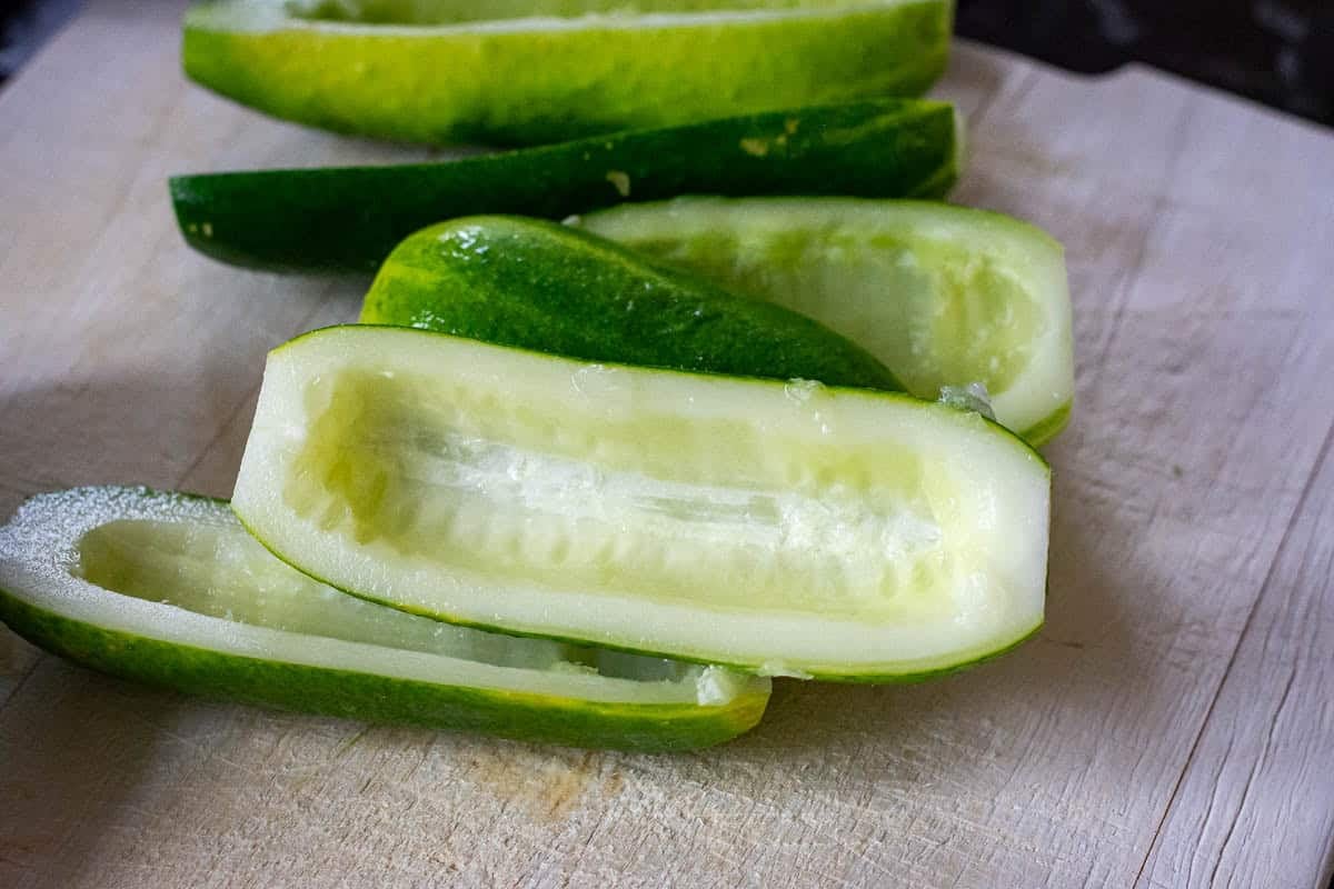 Garden cucumber swith the seedy cores scraped out.