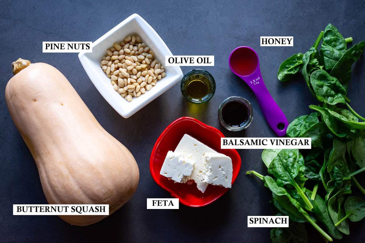 Ingredients for roasted butternut squash and feta salad.