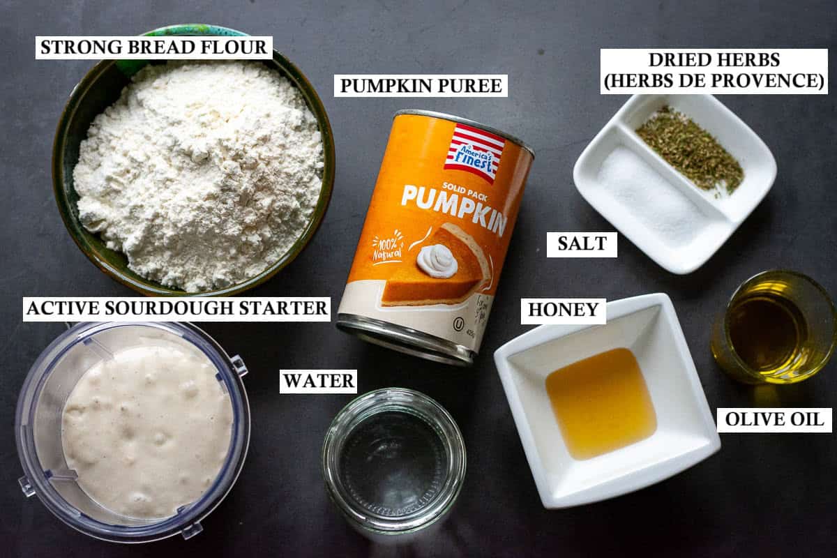 Labeled Ingredients for Sourdough Pumpkin Focaccia.