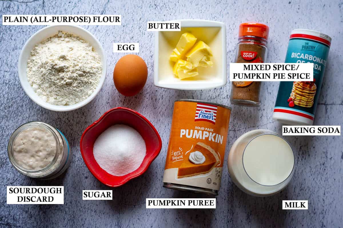 Ingredients for Pumpkin Sourdough Pancakes.
