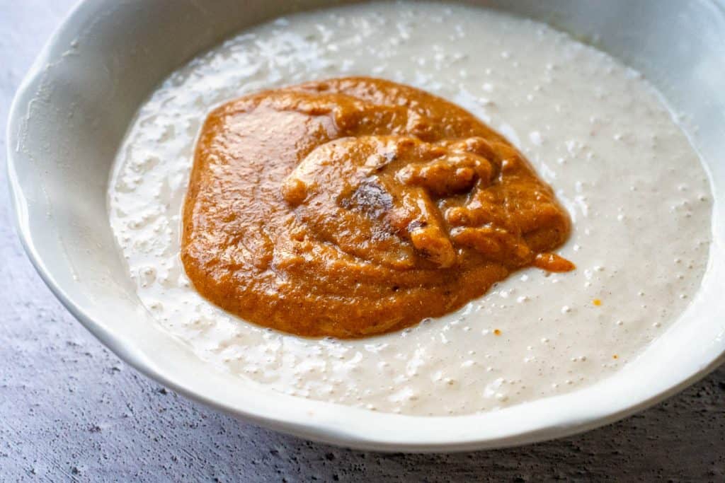 Pumpkin mixture poured into the fermented flour batter.