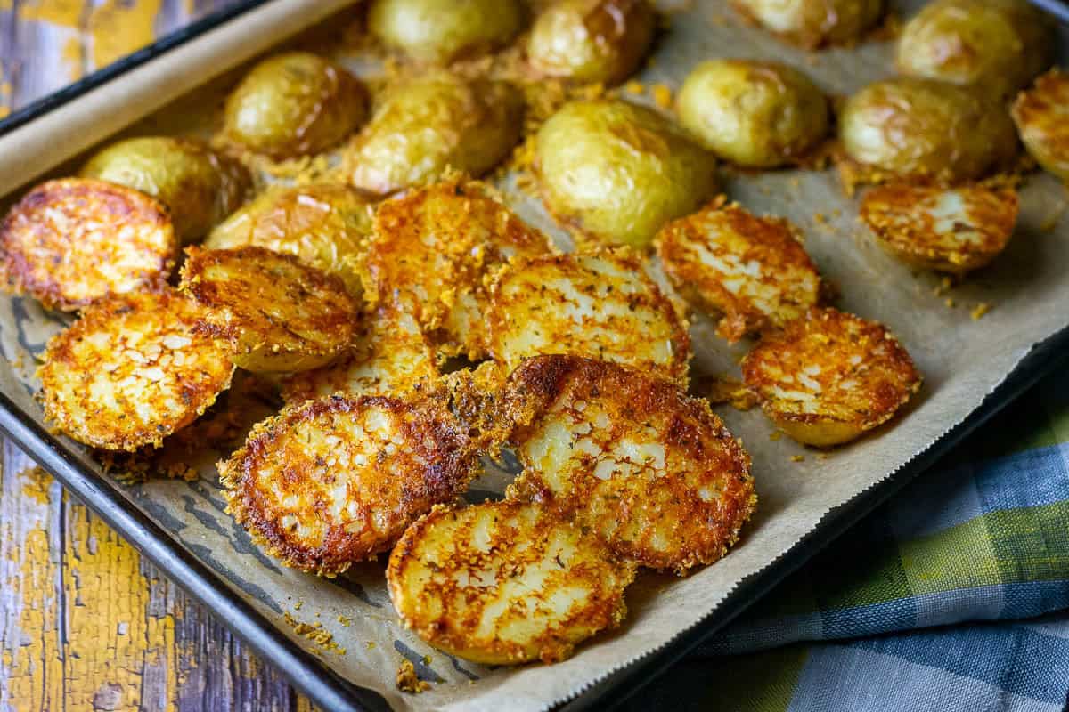Parmesan crust on the cut side of the roasted baby potatoes.