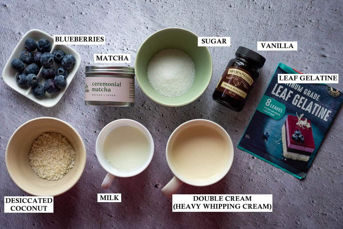 Ingredients for Matcha Panna Cotta.