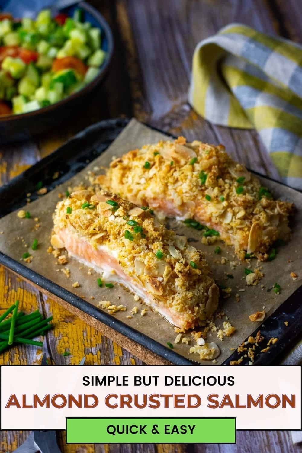 Panko and Almond Crusted Salmon on a parchment paper lined baking tray - Pin for Pinterest.