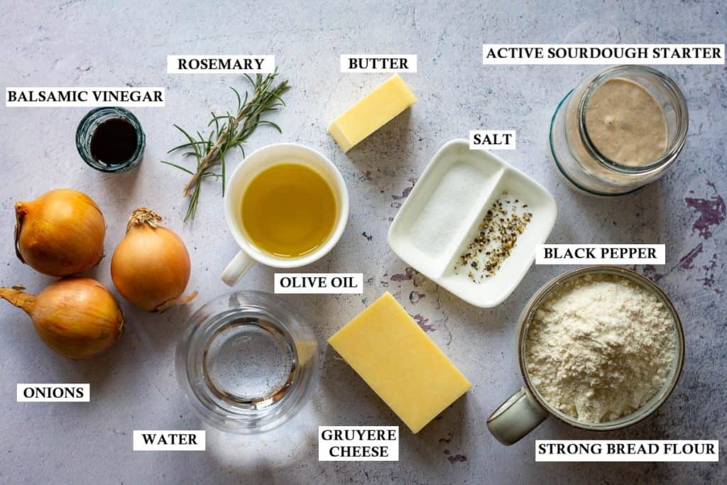 Ingredients for French Onion Sourdough Focaccia Wth Gruyere Cheese.