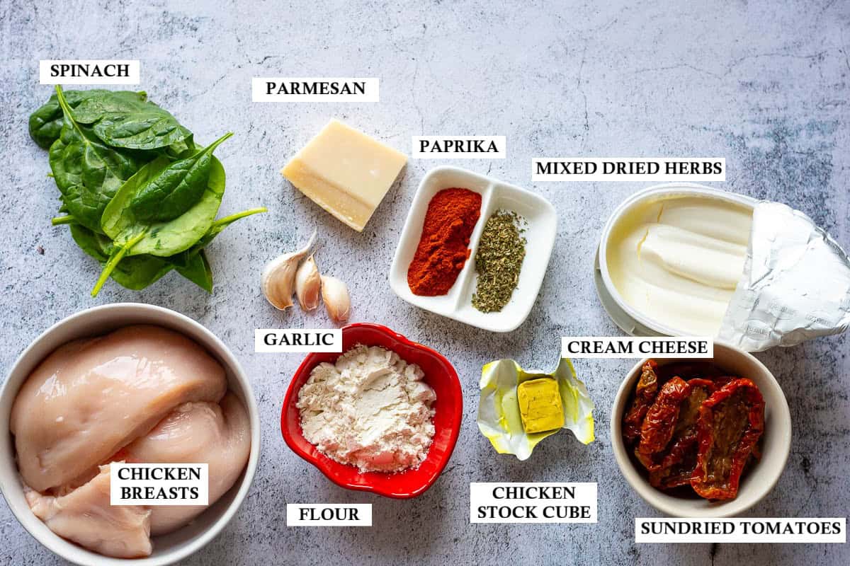 Ingredients for Tuscan Chicken in a slow cooker.