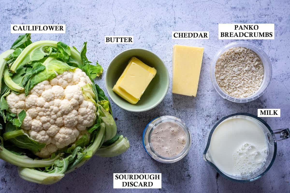 Sourdough Cauliflower Cheese ingredients on a light grey surface.