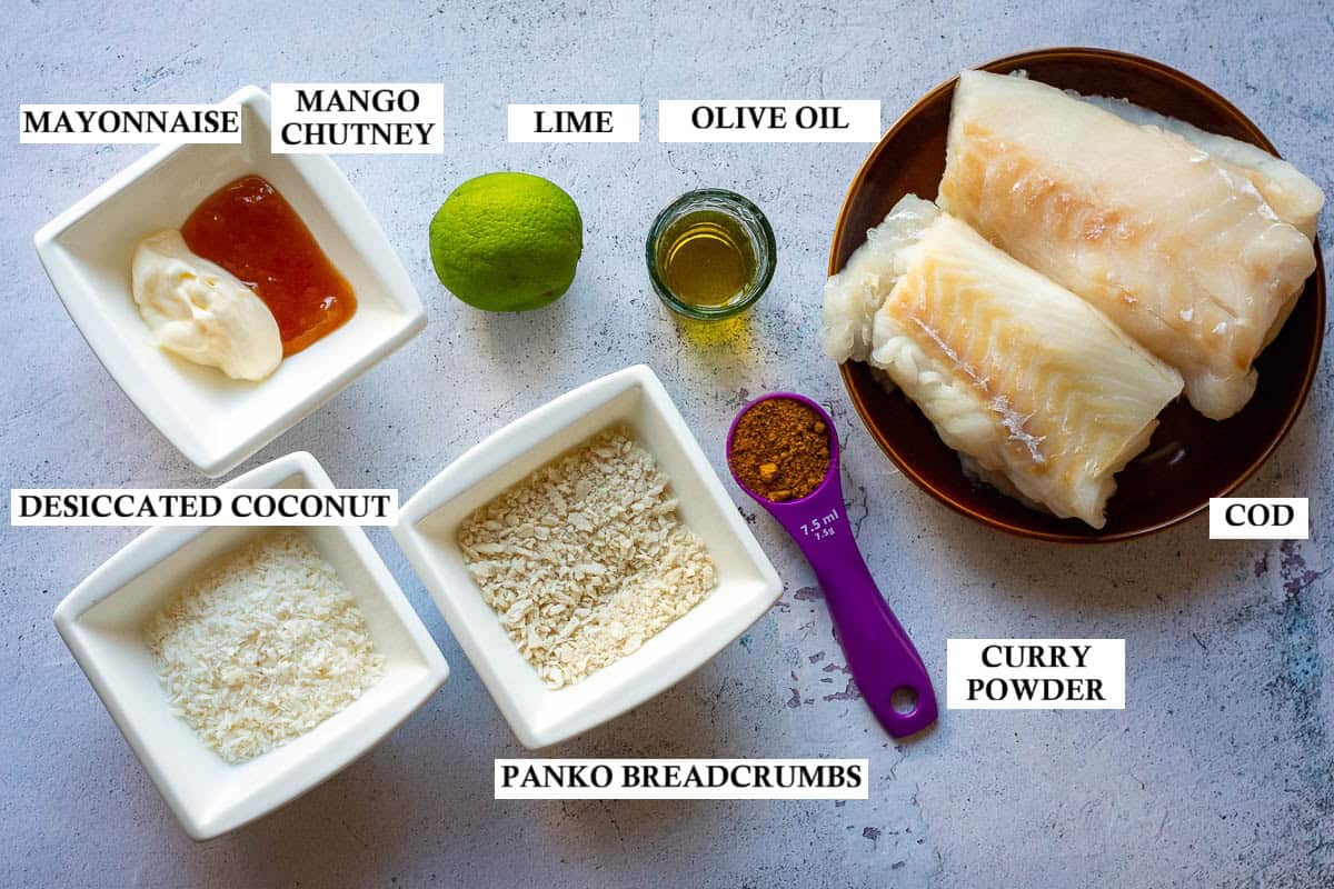 Ingredients for coconut crusted cod.
