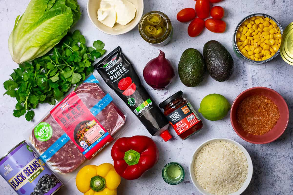 Ingredients for Beef Burrito Bowls.