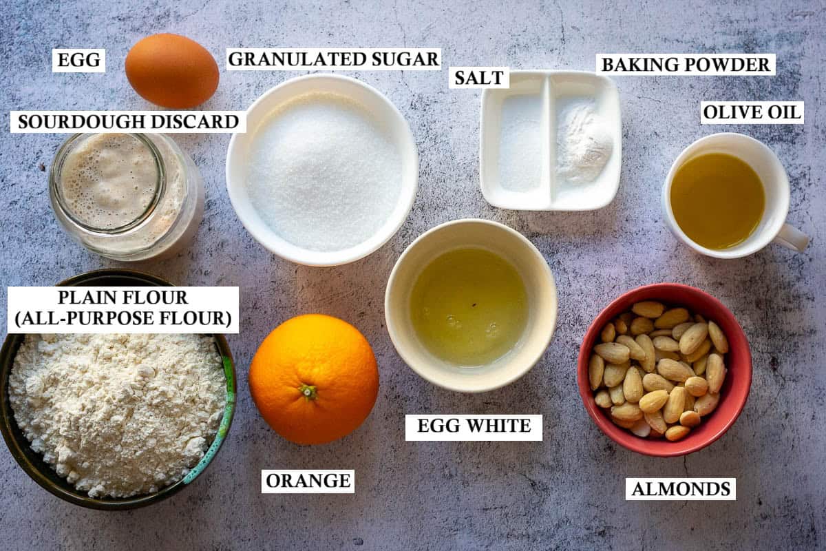 Ingredients for Sourdough Biscotti with Almonds and Orange.