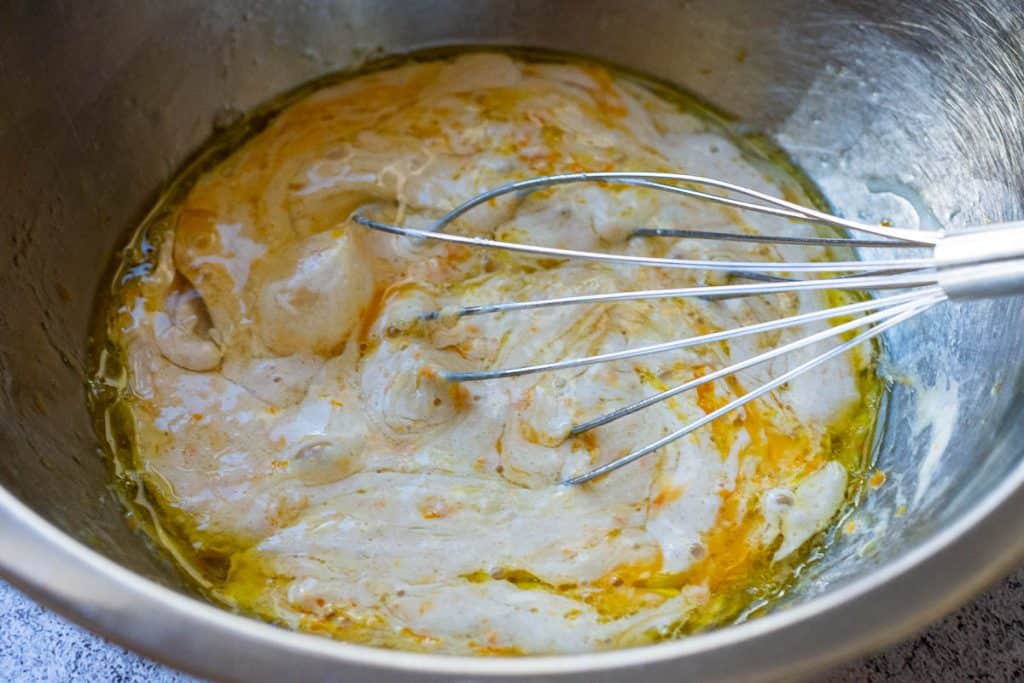 Mixing wet ingredients for Sourdough Biscotti.
