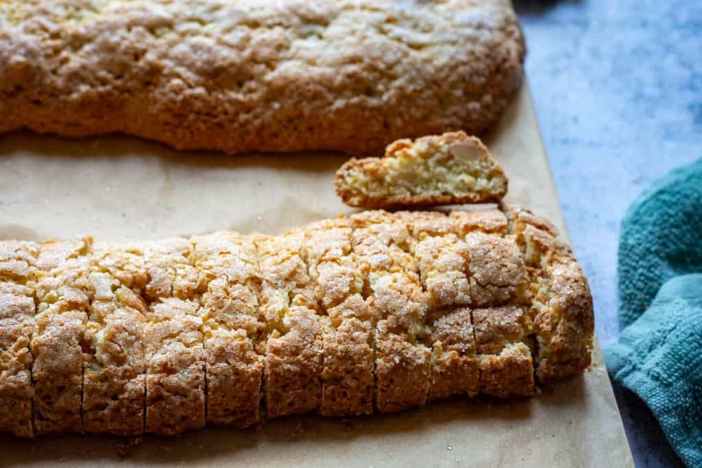 Sliced logs of sourdough biscotti after the first bake.