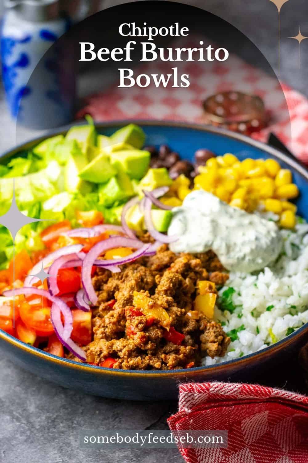 Chipotle flavoured ground beef burrito bowl on a grey surface - Pin for Pinterest.