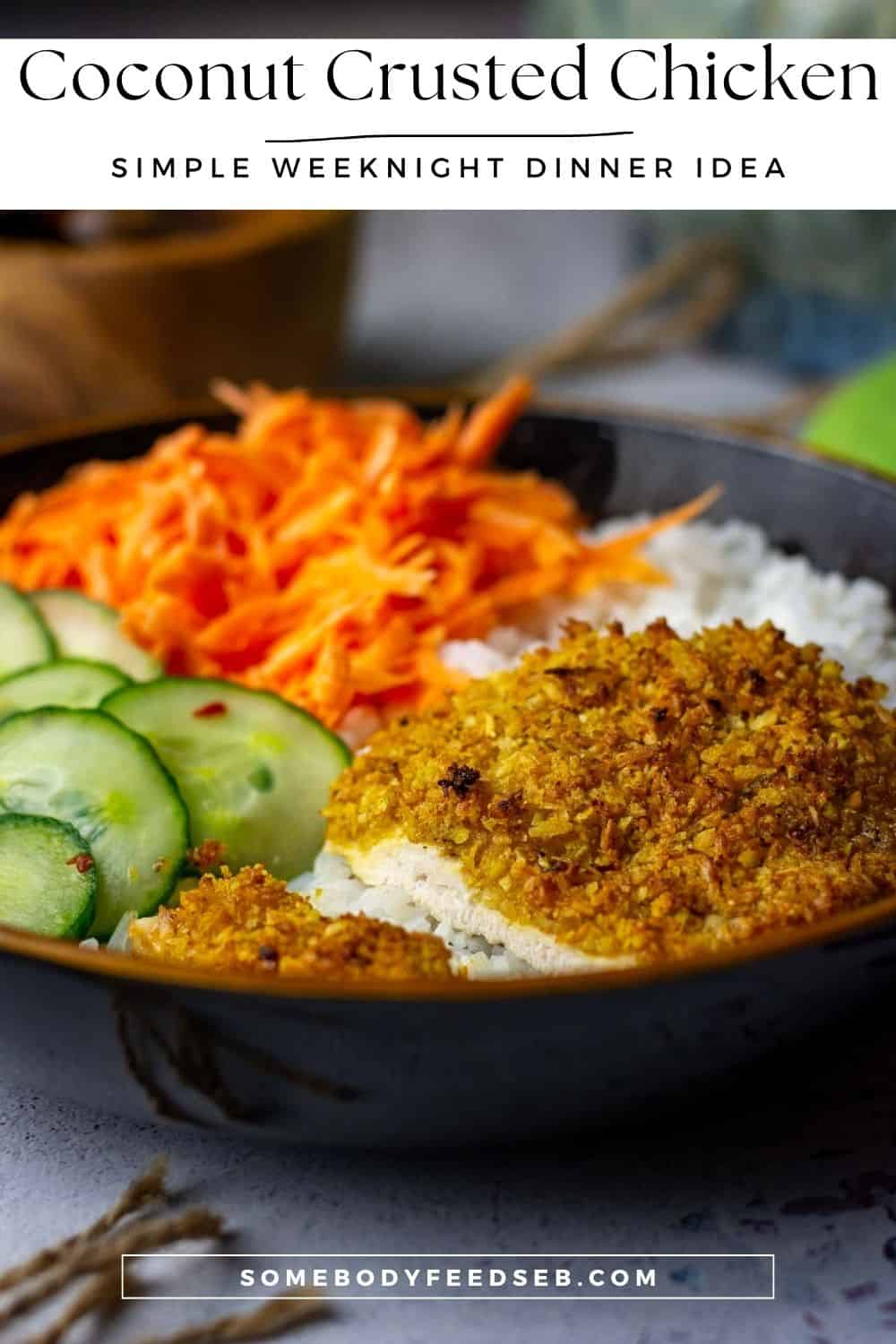 Baked Coconut Crusted Chicken breast on a bed of rice with vegetables. Pin for Pinterest.