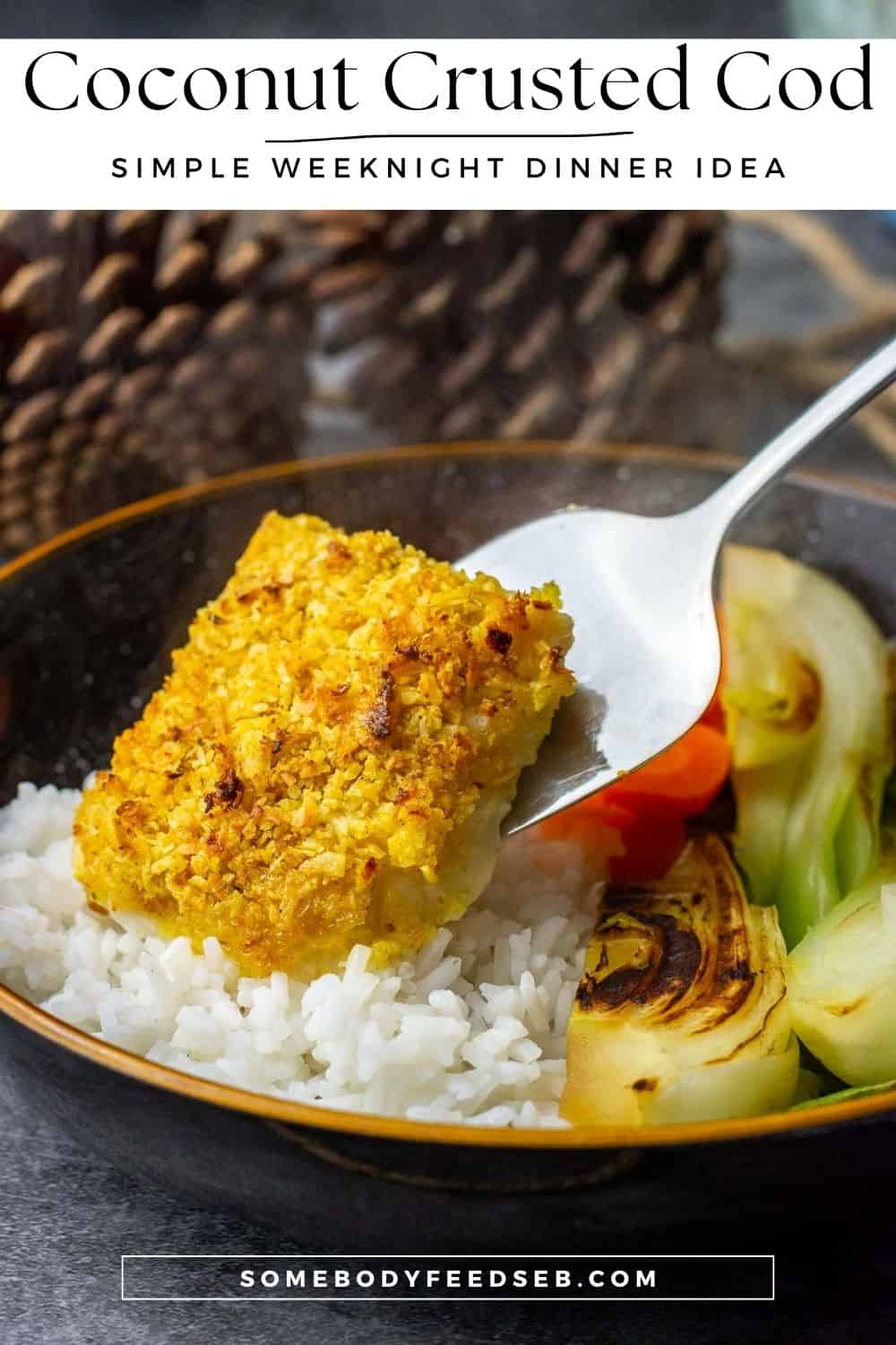 Coconut crusted cod on a bed of rice - Pin for Pinterest.