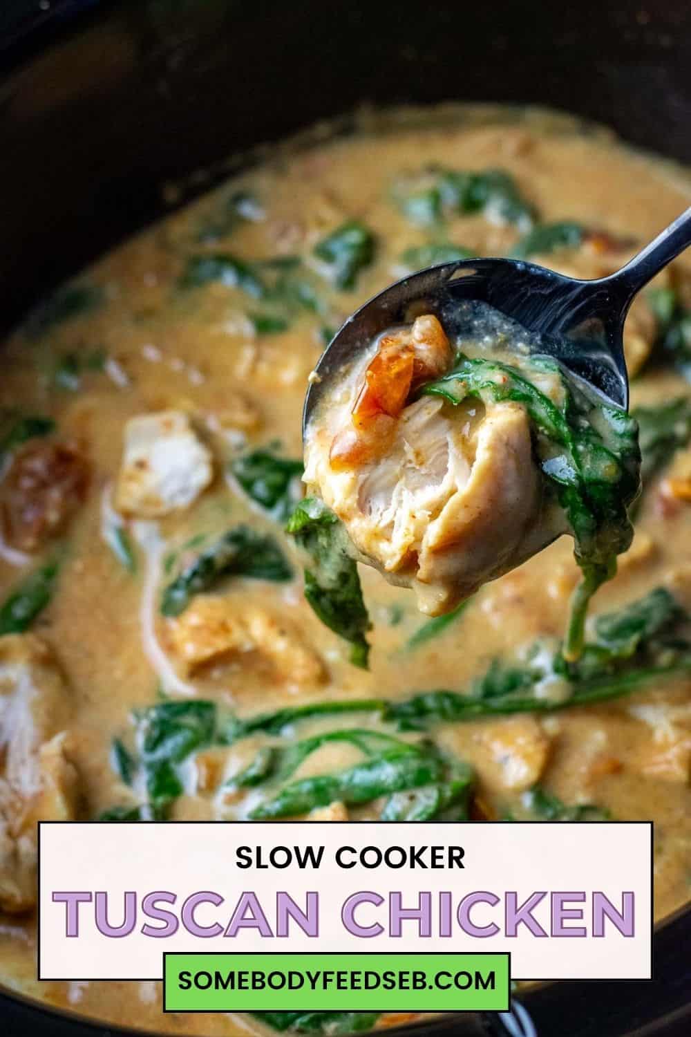 A spoonful of slow cooker Tuscan chicken liften out of the slow cooker bowl. Pin for Pinterest.