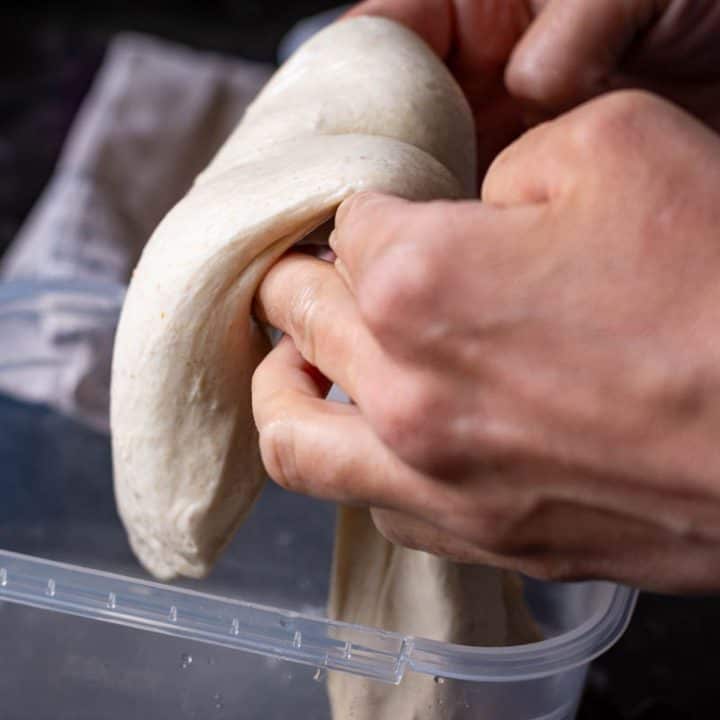 Folding sourdough made with strong flour with medium w index.