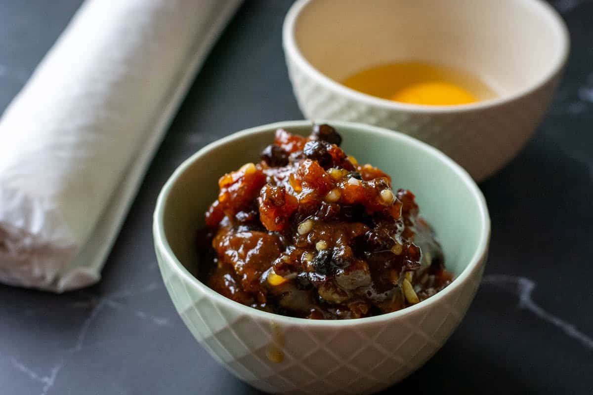 British mincemeat in a pale green bowl.