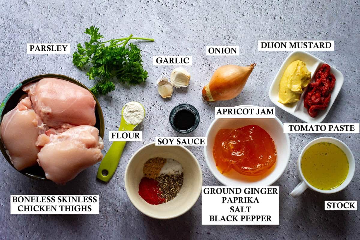 Labelled ingredients for Slow Cooker Apricot chicken.