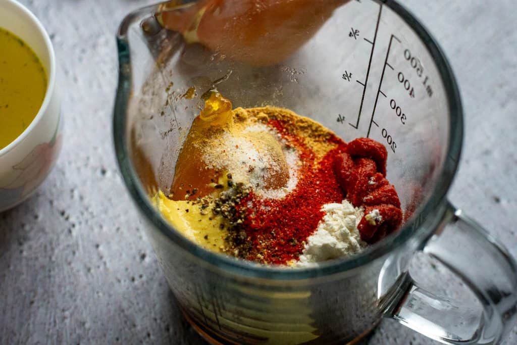 Mixing all the ingredients for the apricot sauce.