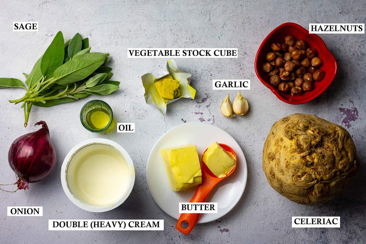 Labelled ingredients for creamy celeriac soup.