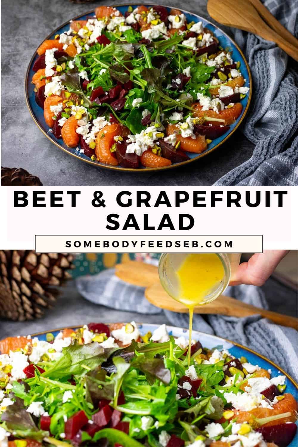 Beetroot and Grapefruit Salad with baby leaves, feta cheese and pistachios on a large serving plate being drizzled with dressing. Pin for Pinterest.