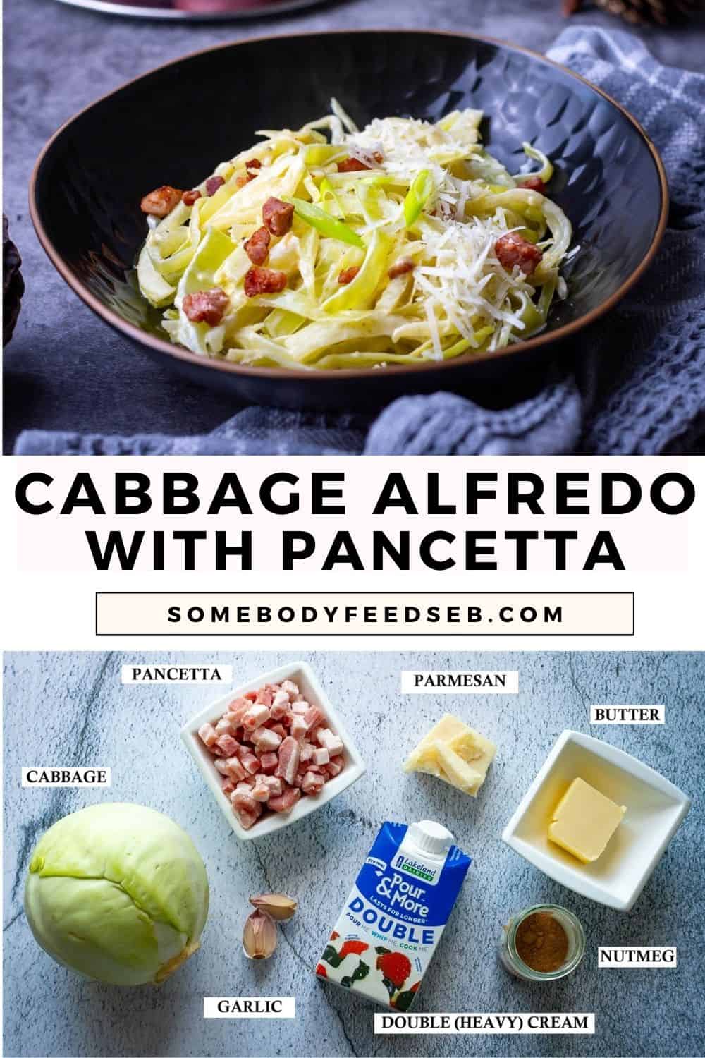 Creamy Cabbage Alfredo in a black bowl topped with crispy pancetta and ingredients needed to make it. Pin for Pinterest.
