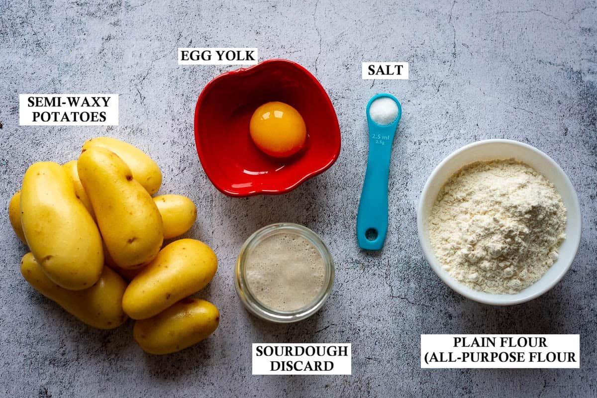 Labelled ingredients for sourdough gnocchi.