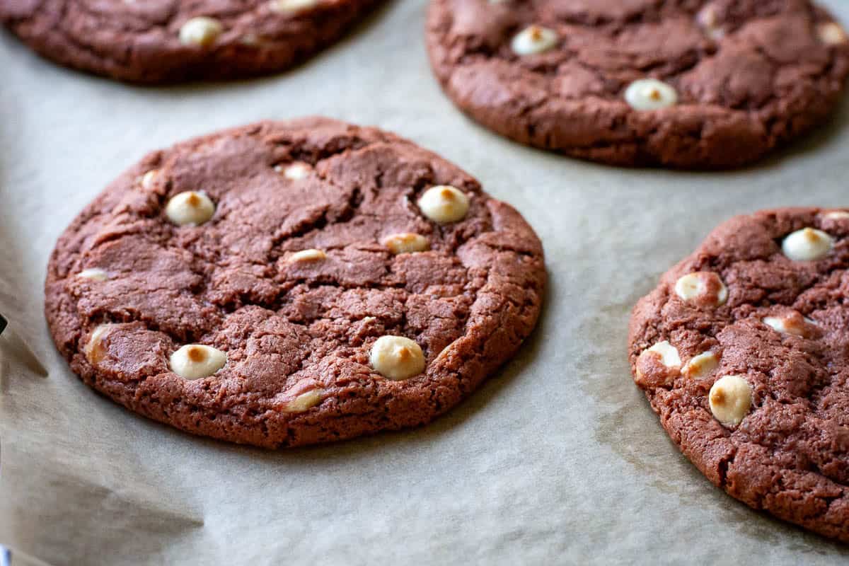 Sourdough discard red velvet cookies on a baking sheet.