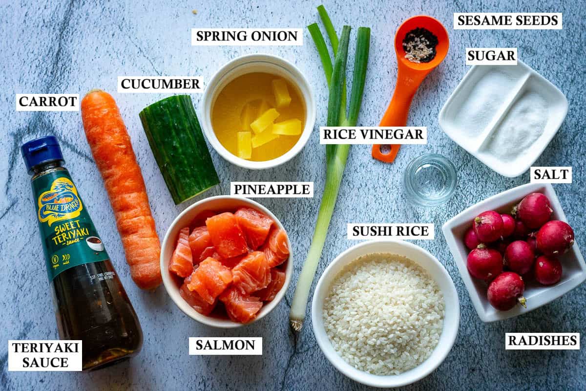 Labelled ingredients for Teriyaki Salmon Poke Bowls.