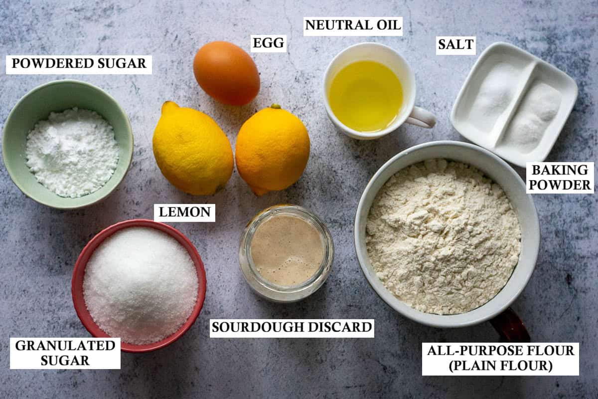Labelled ingredients for Sourdough Lemon Crinkle Cookies.