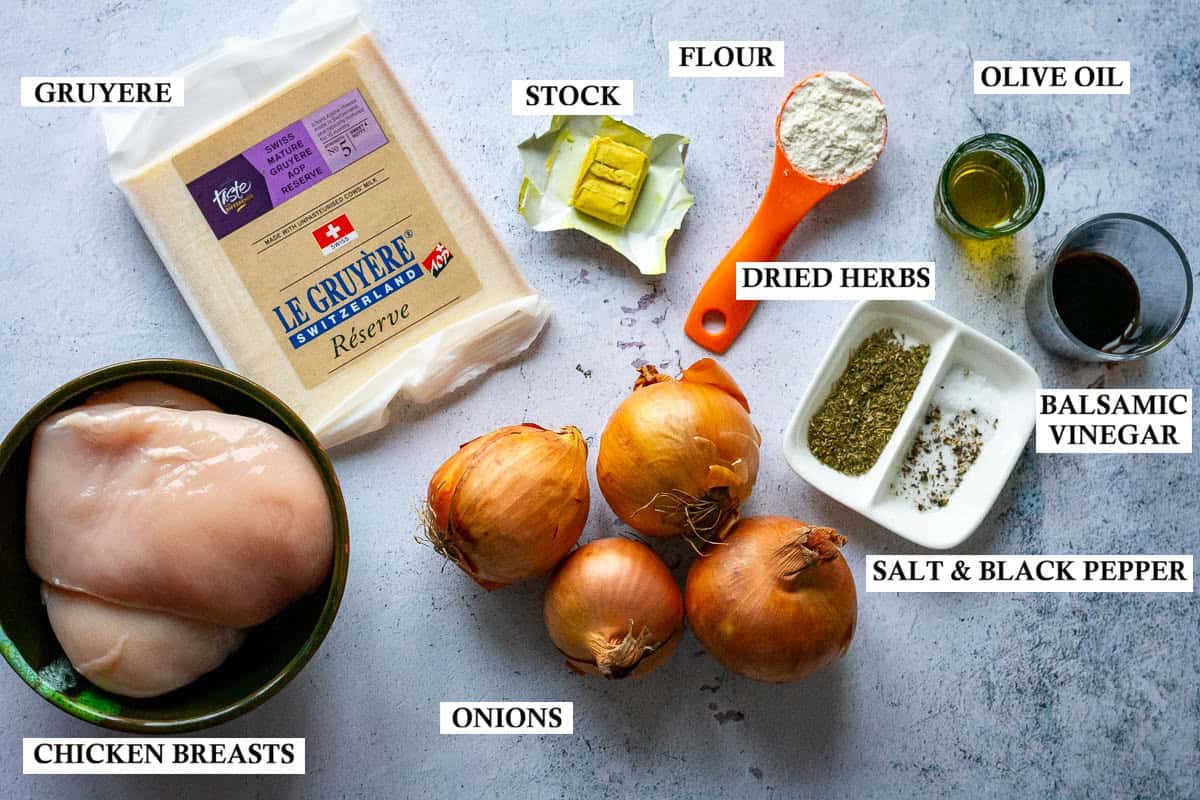 Labelled Ingredients for Caramelised Onion Chicken breasts on a grey surface.
