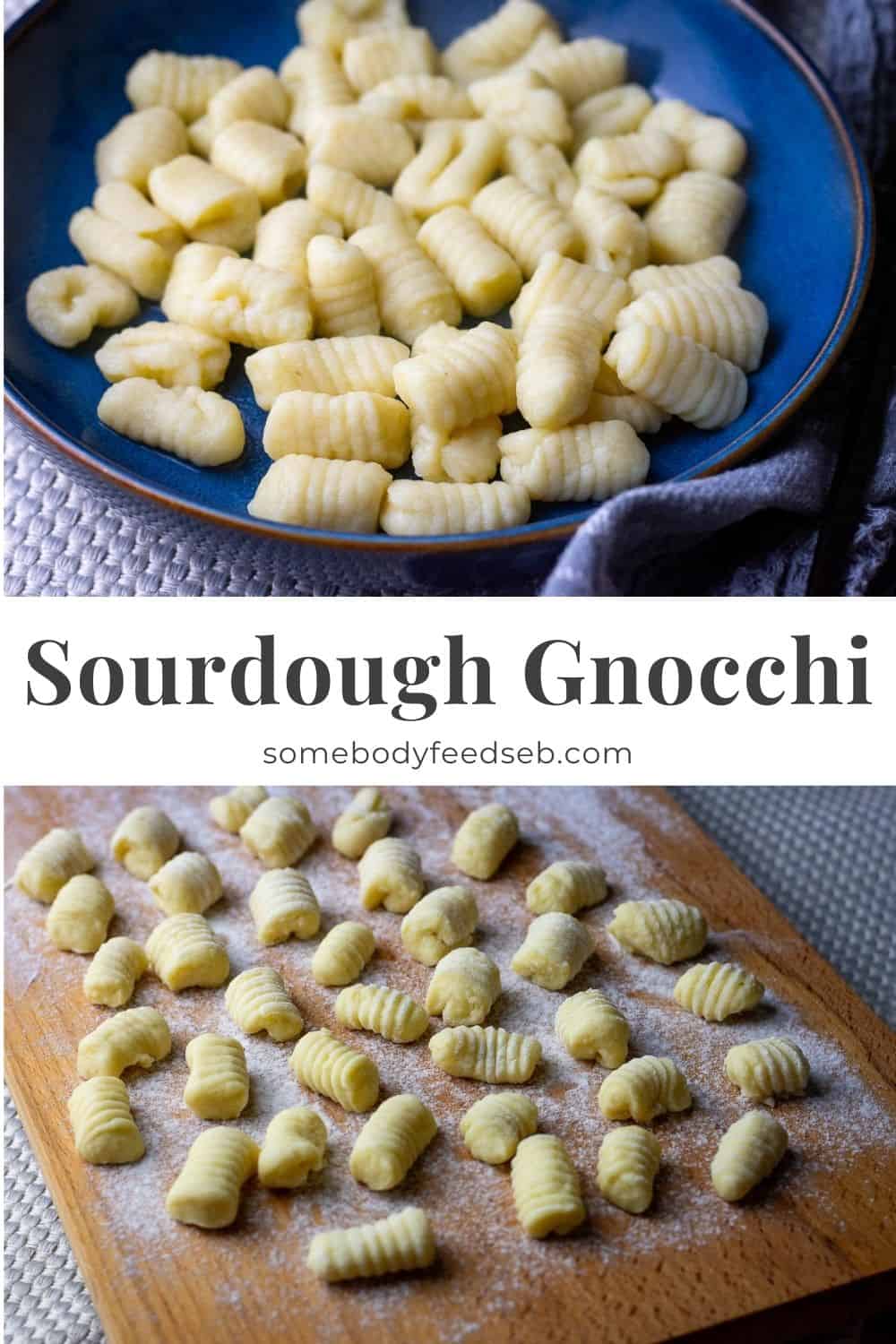 A collage of two photos showing uncooked sourdough gnocchi on a floured board and cooked sourdough discard gnocch in a blue bowl.