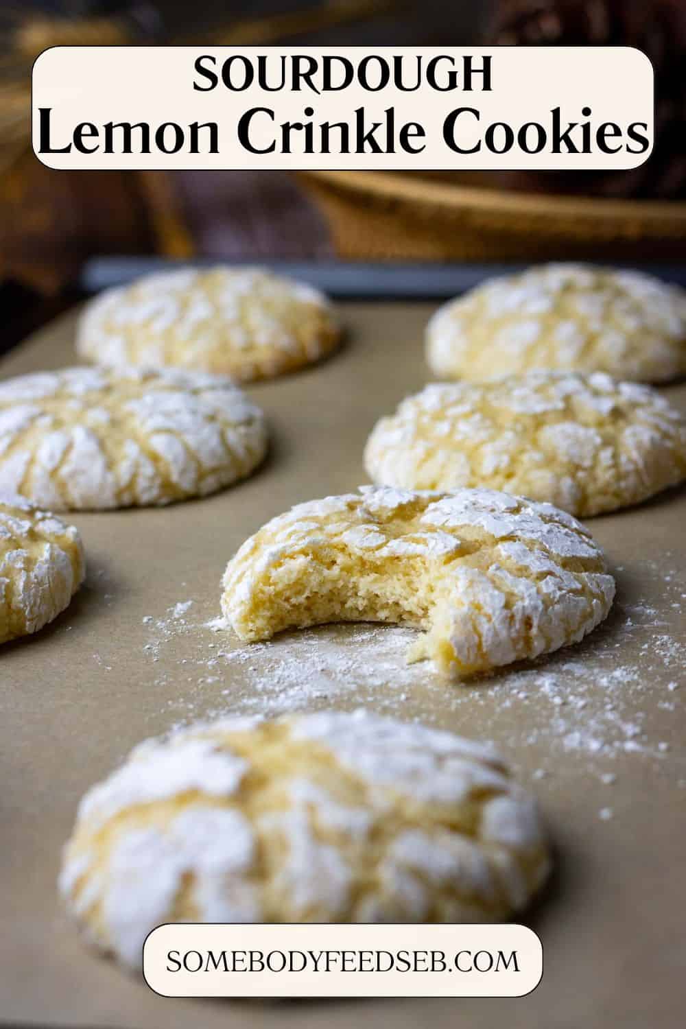 Sourdough Lemon Crinkle cookies on a bakig sheet with one cookie missing a bite. Pin for Pinterest.
