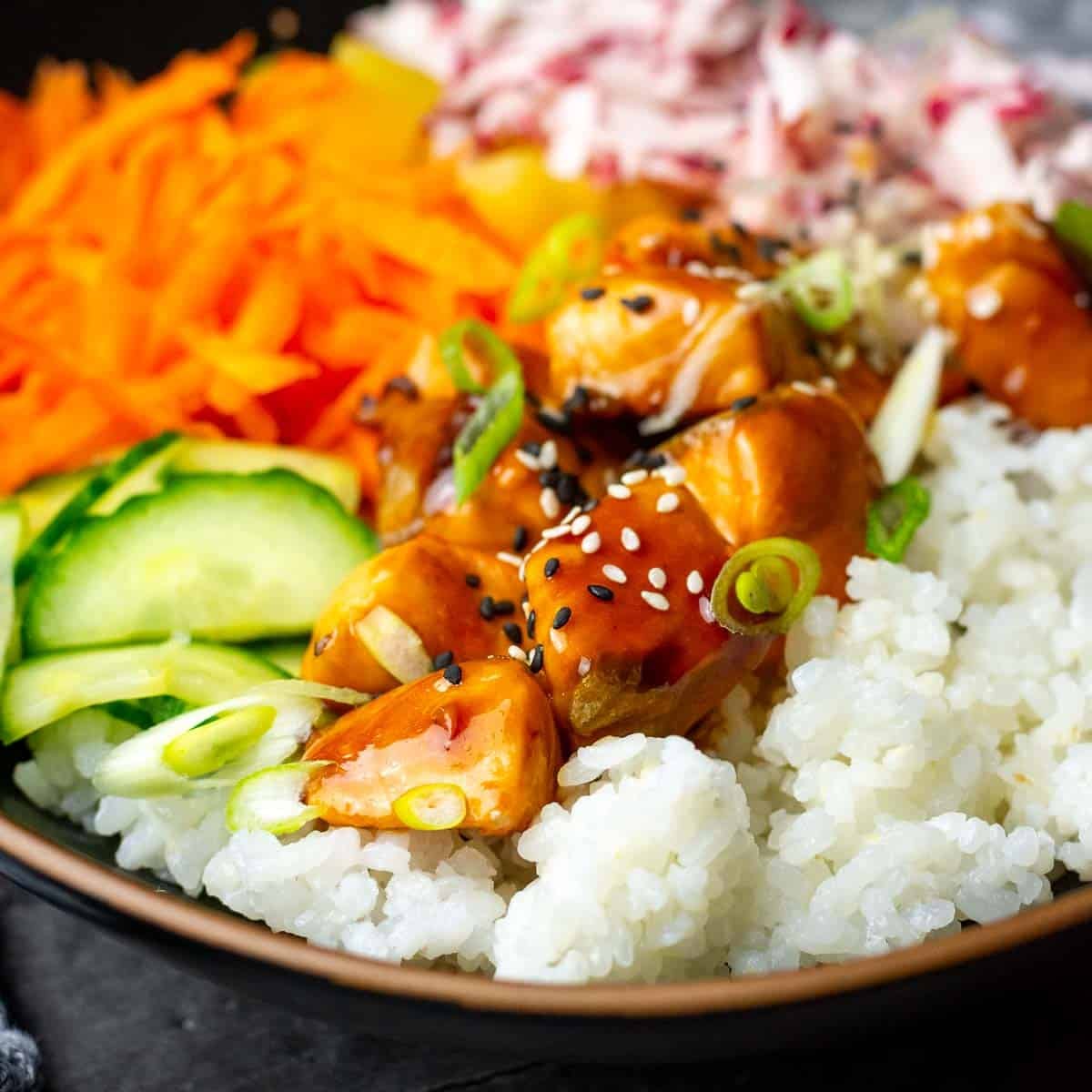 Teriyaki Salmon Poke Bowl with vibrant vegetables on a bed of rice.