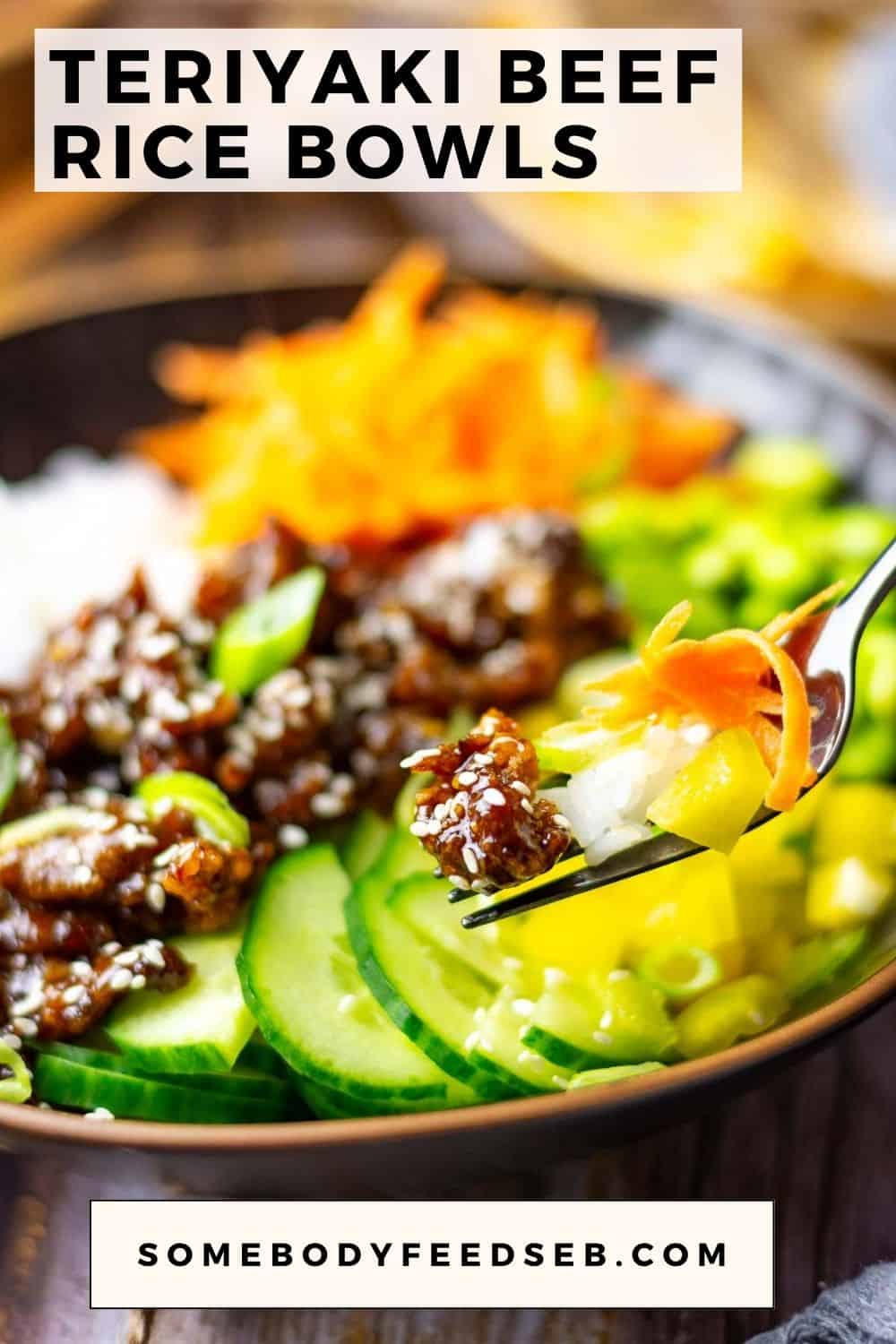 Teriyaki beefrice bowl with a forkful being picked up. Pin for Pinterest.