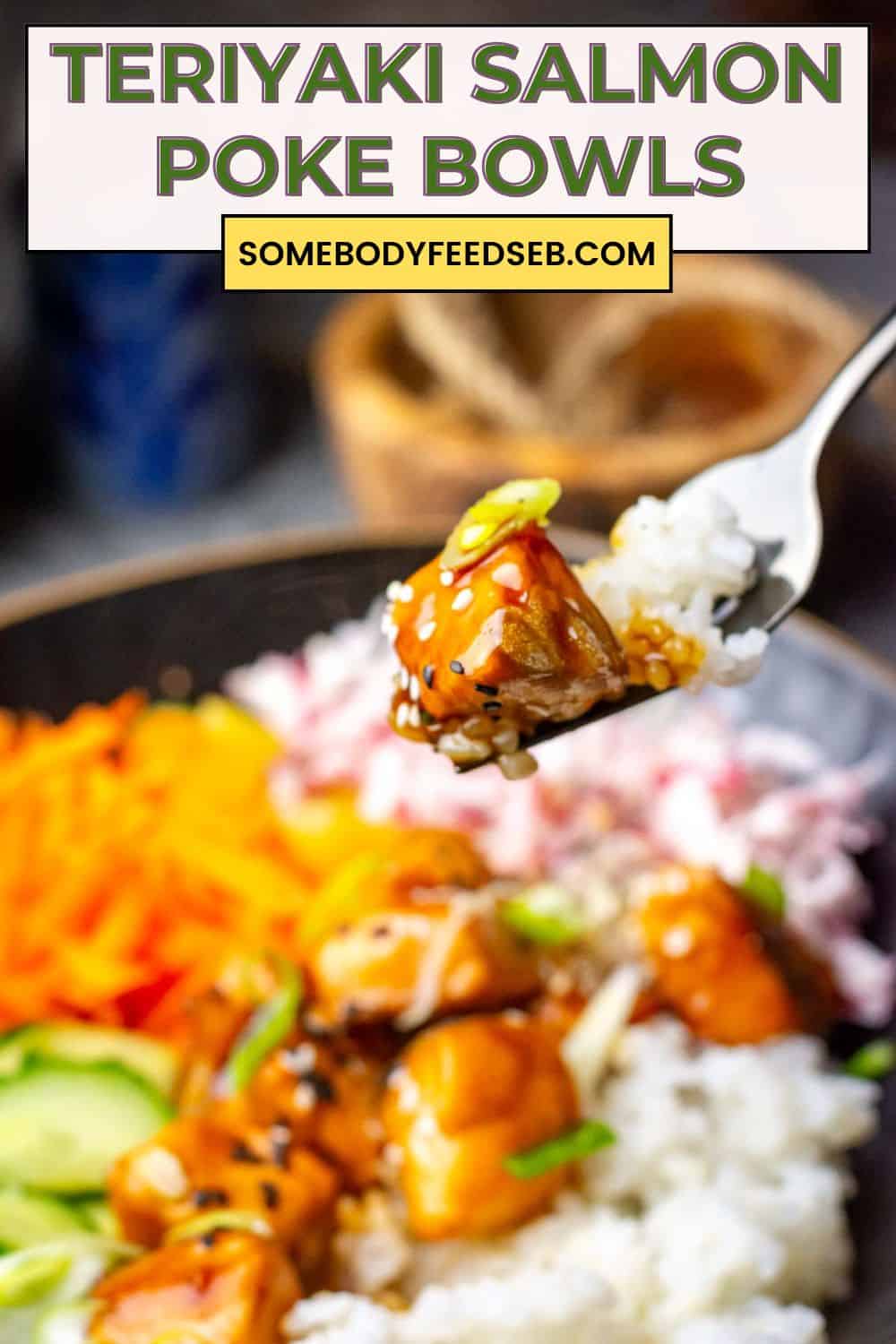 A piece of teriyaki salmon being icked up from a poke bowl. Pin for Pinterest.