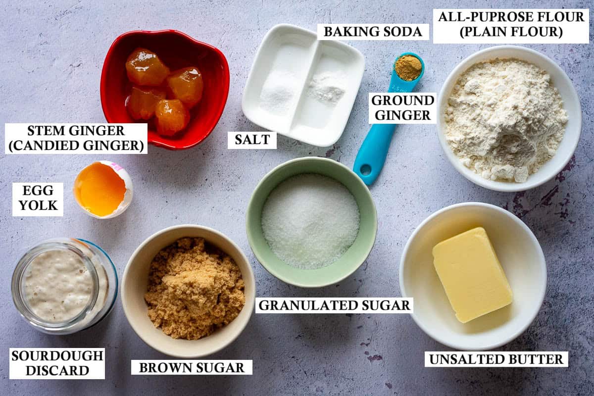 Labelled ingredients for Sourdough Discard Ginger cookies.