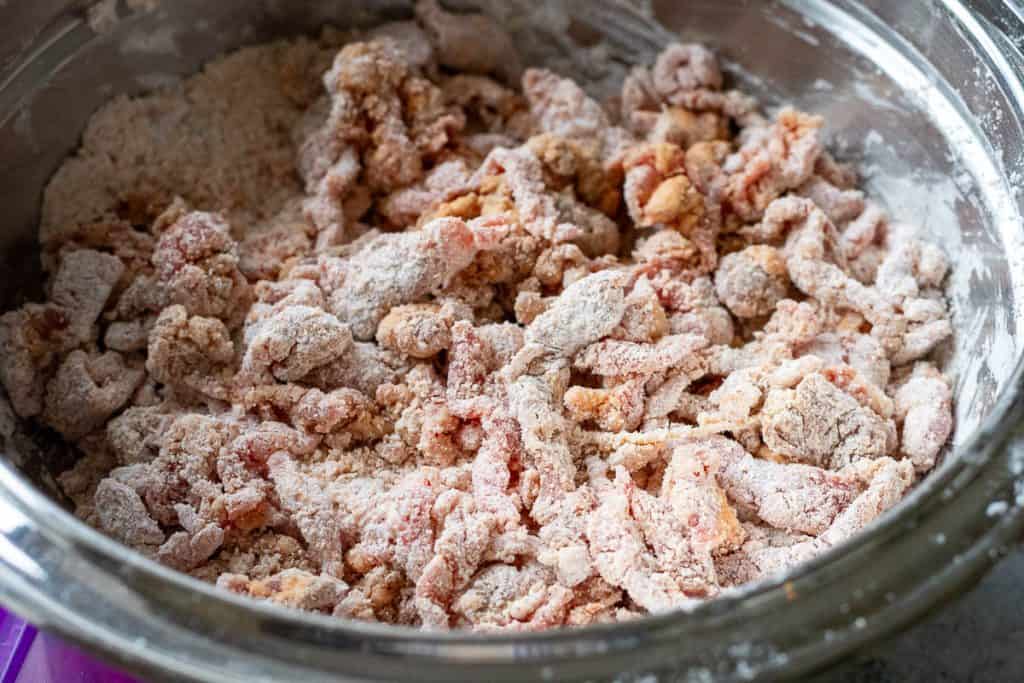 Beef strips coated in cornflour.