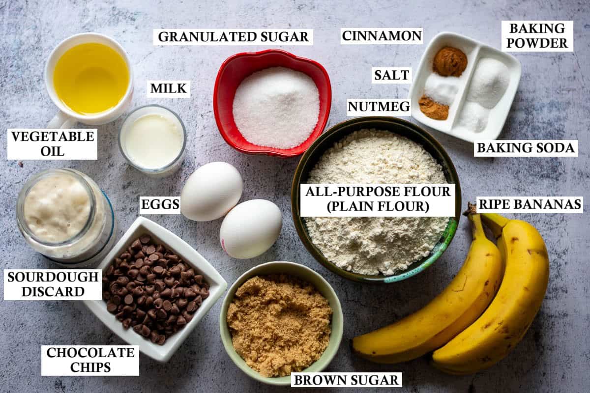 Labelled ingredients for Sourdough Banana Bread Muffins on a gray surface.