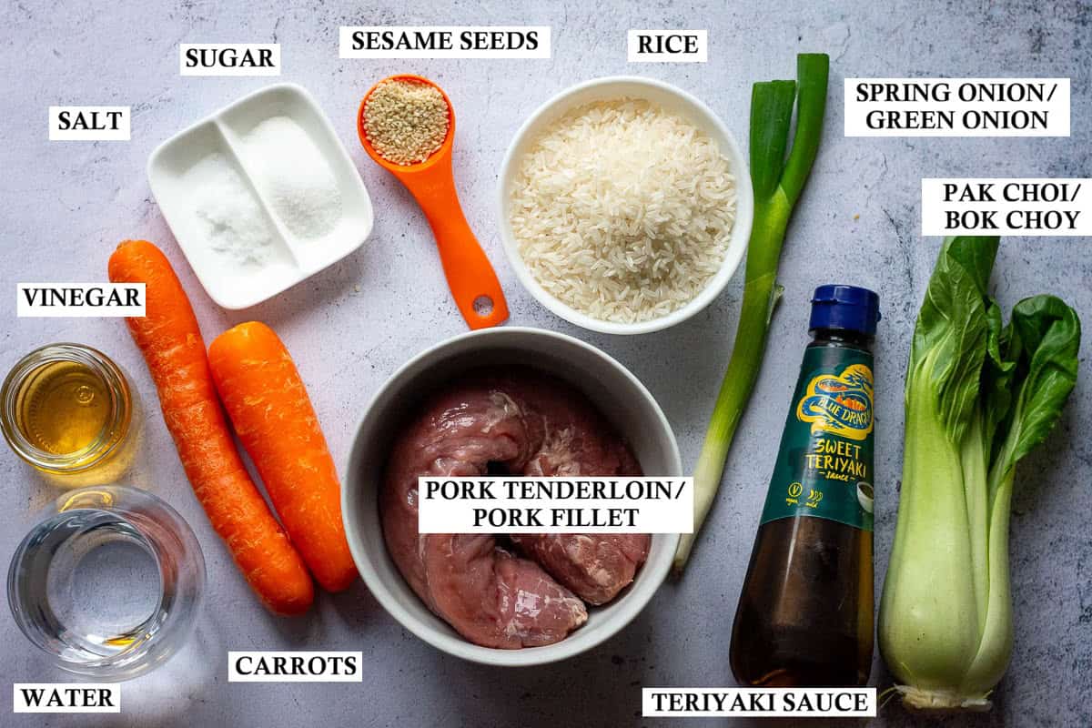 Labelled ingredients for Teriyaki Pork Tenderloin Rice Bowls.