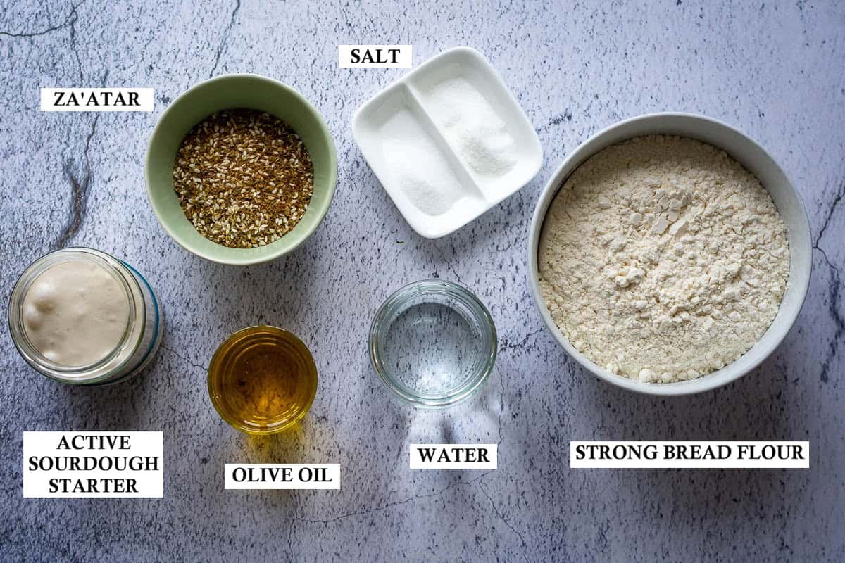Labelled ingredients for sourdough focaccia with za'atar.