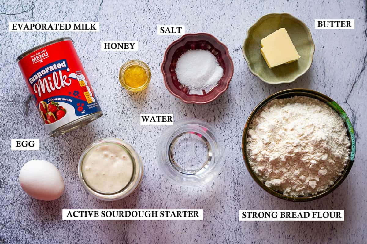 Ingredients for soft crust sourdough sandwich bread made with evaporated milk.