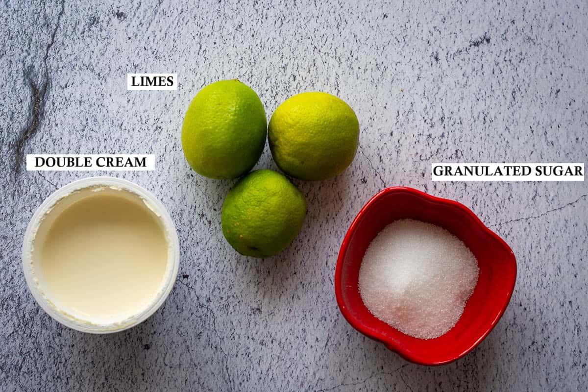 Labelled ingredients for lime posset brulee.