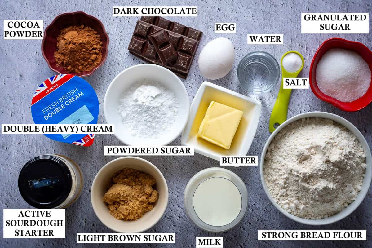 Labelled ingredients for sourdough chocolate rolls