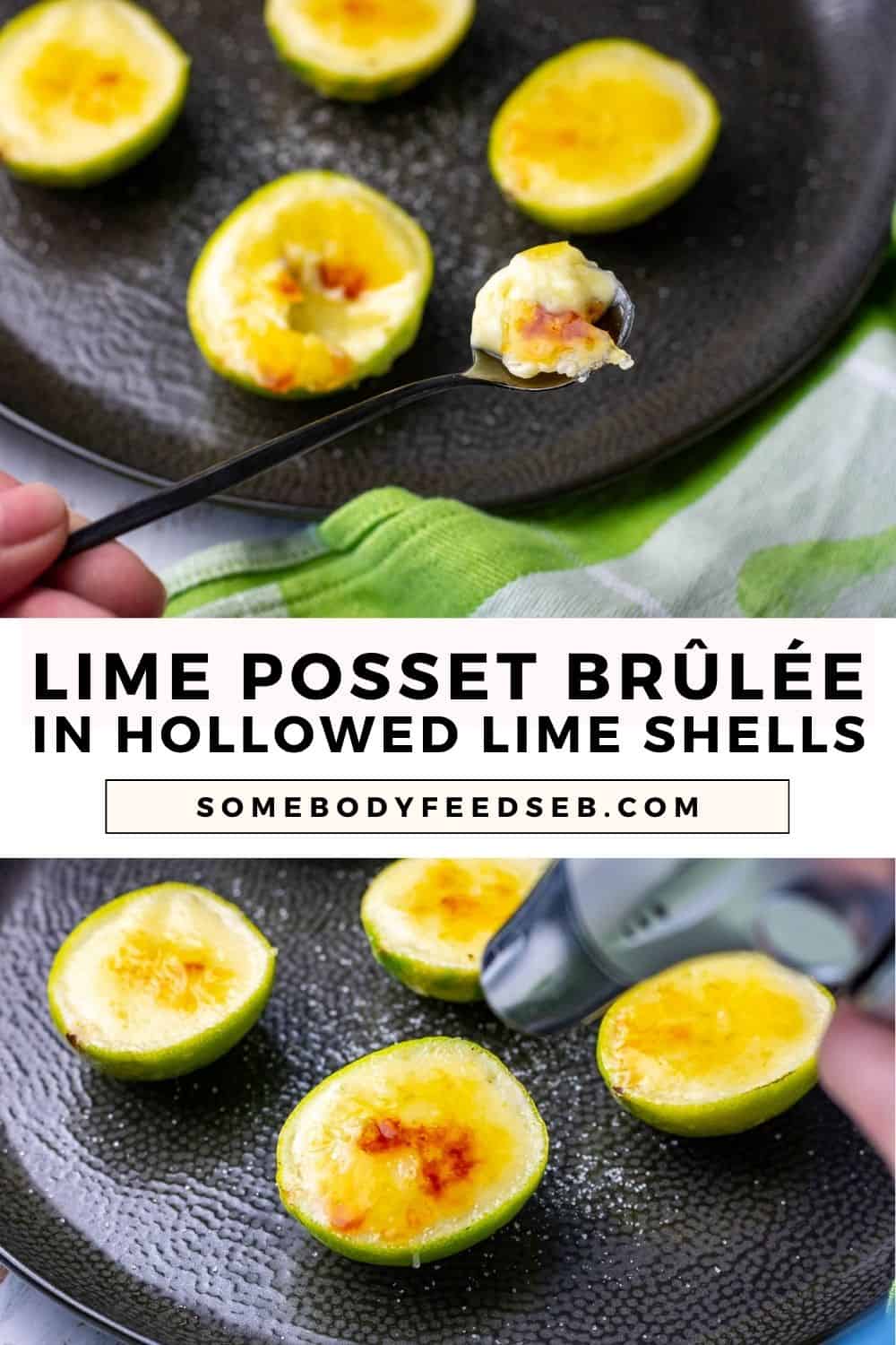 A collage of two photos showing lime posset served in hollowed lime shells with brulee topping.